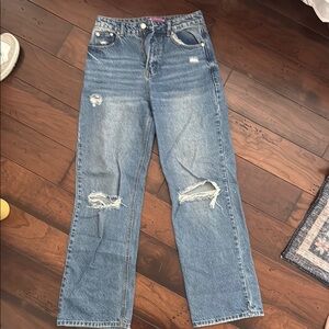 Edikted Blue Straight Leg Jeans with Distressed Details
